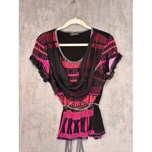 Bali Womens Graphic Mesh‎ Layered Top Pink Black Cowl Neck Tie Waist Size M/L